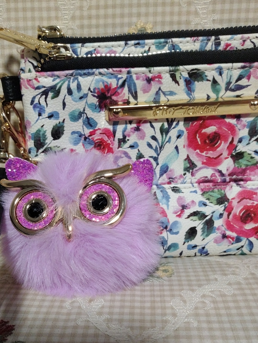 Floral Double Zip Wristlet with Purple Pom Owl Charm - Picture 2 of 5